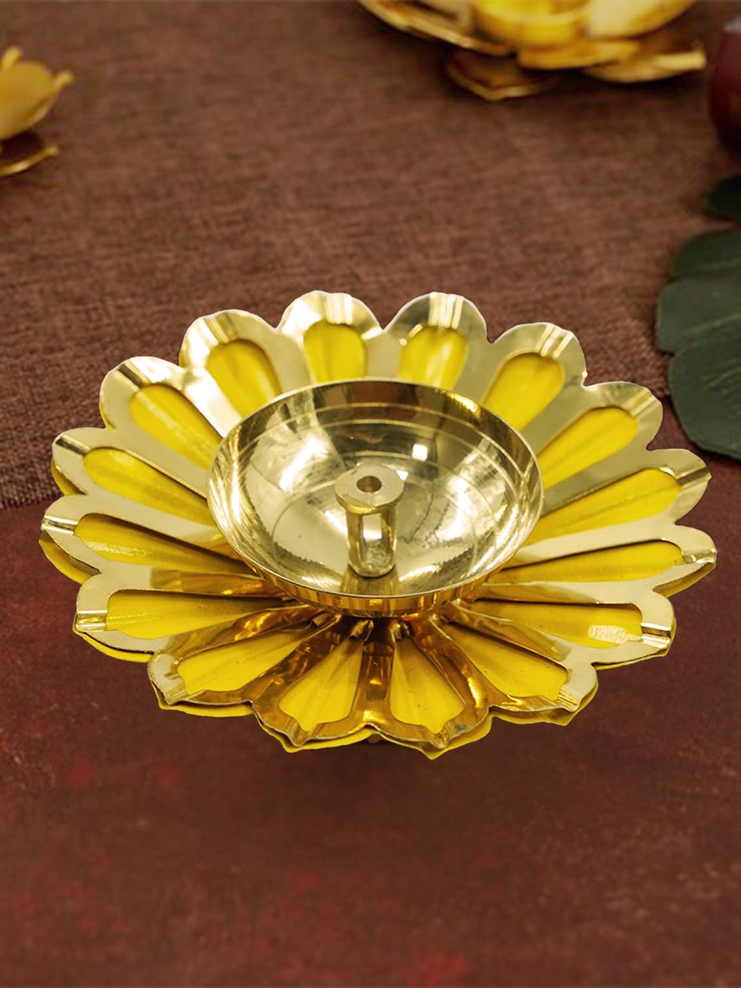 

PujaNPujari Gold Toned & Yellow Textured Lotus Brass Diya