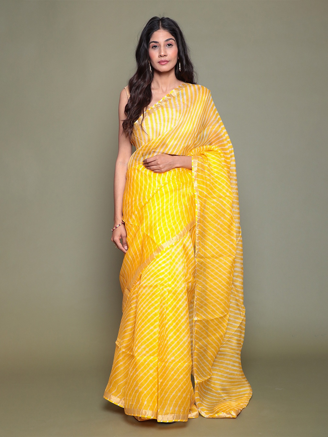 

ZARI Leheriya Printed Pure Silk Zari Kota Doria Saree, Yellow