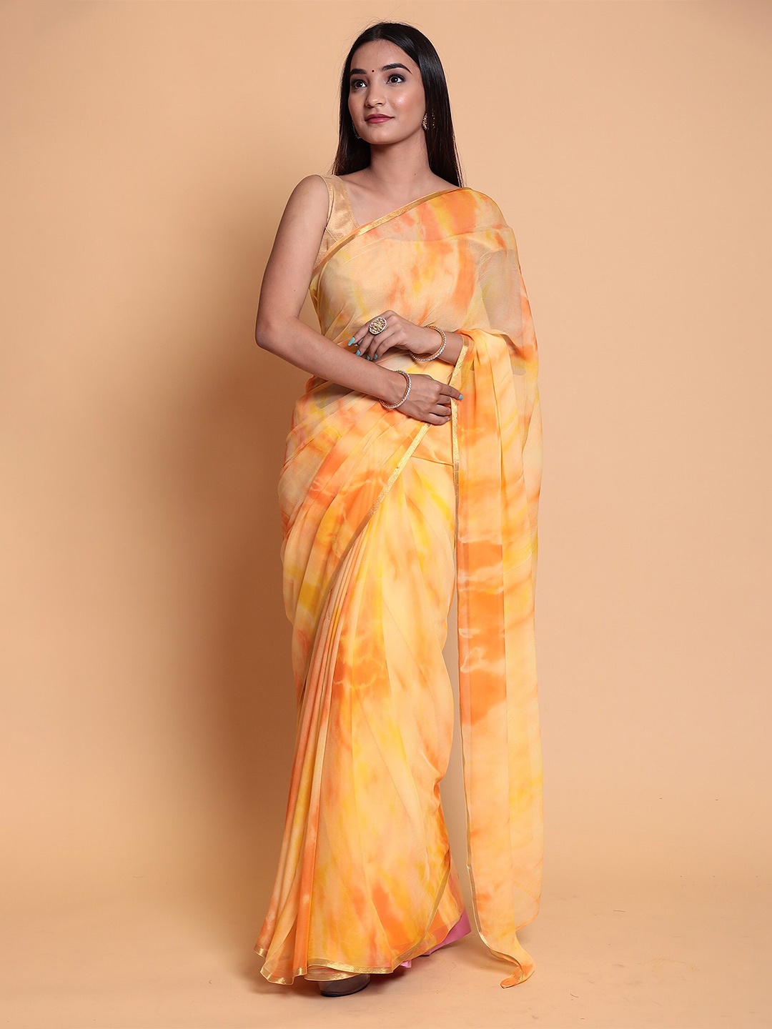 

ZARI Tie and Dyed Pure Chiffon Saree, Yellow