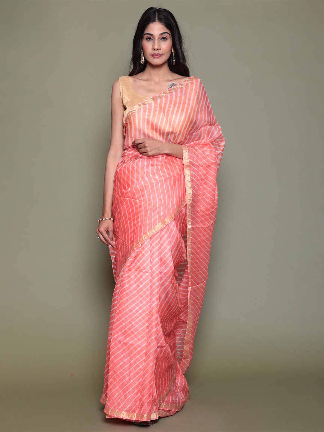 

ZARI Leheriya Printed Zari Deail Pure Silk Kota Saree, Peach
