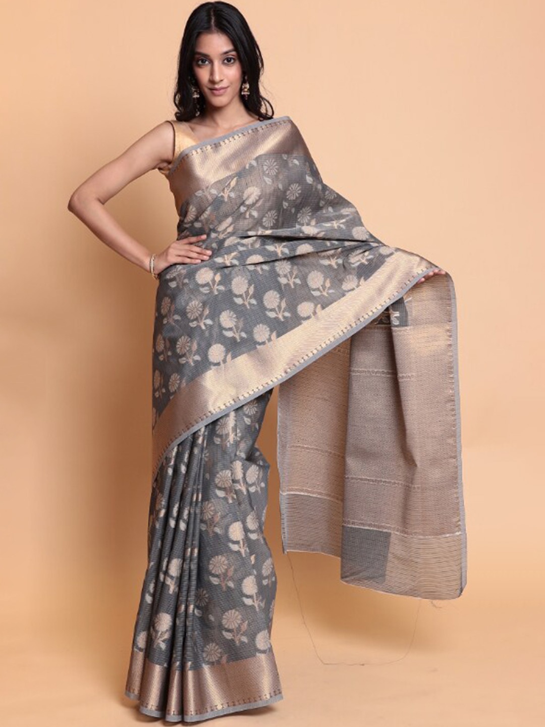 

ZARI Floral Woven Design Pure Cotton Banarasi Saree, Grey