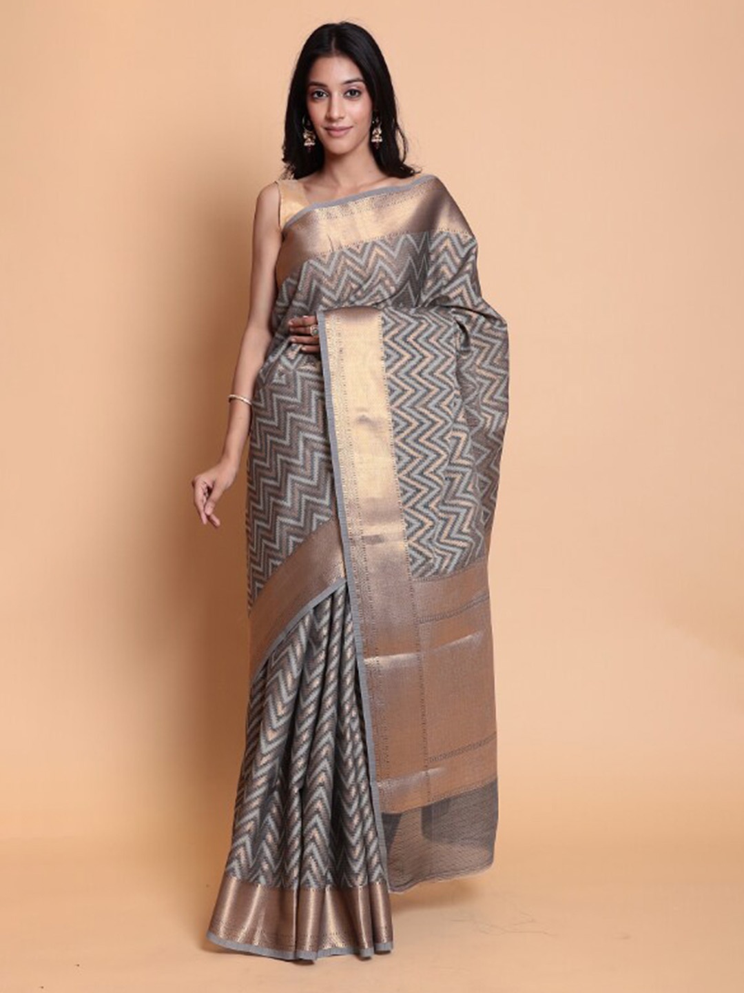 

ZARI Jaipur Geometric Printed Pure Cotton Banarasi Saree, Grey