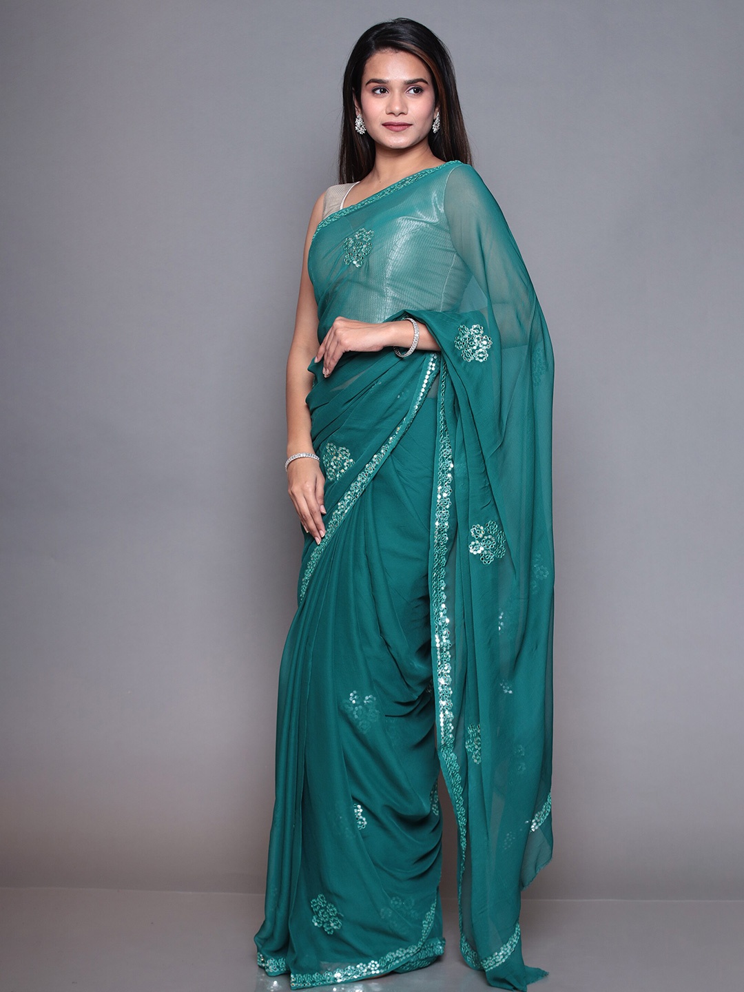 

ZARI Floral Embroidered Mirror Work Pure Chiffon Saree, Green