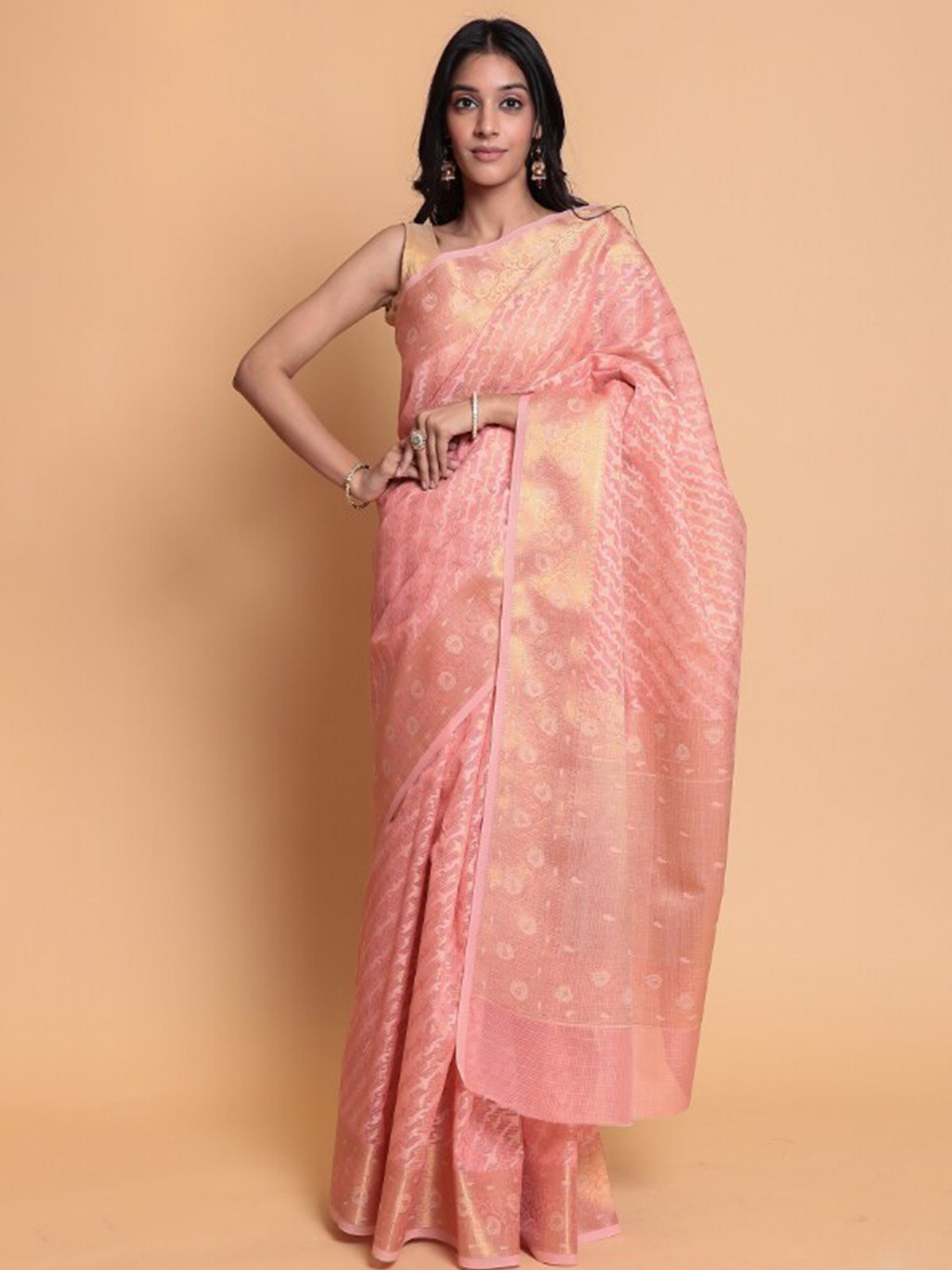 

ZARI Geometric Woven Design Pure Cotton Banarasi Saree, Peach