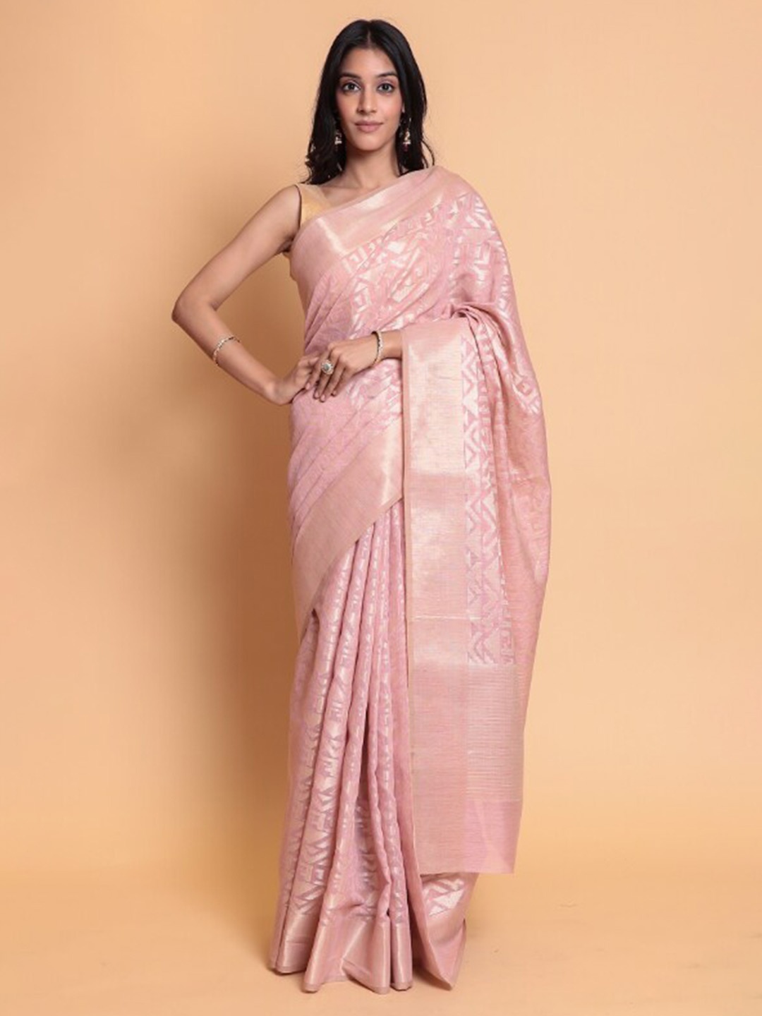 

ZARI Ethnic Motifs Woven Design Pure Cotton Banarasi Saree, Pink