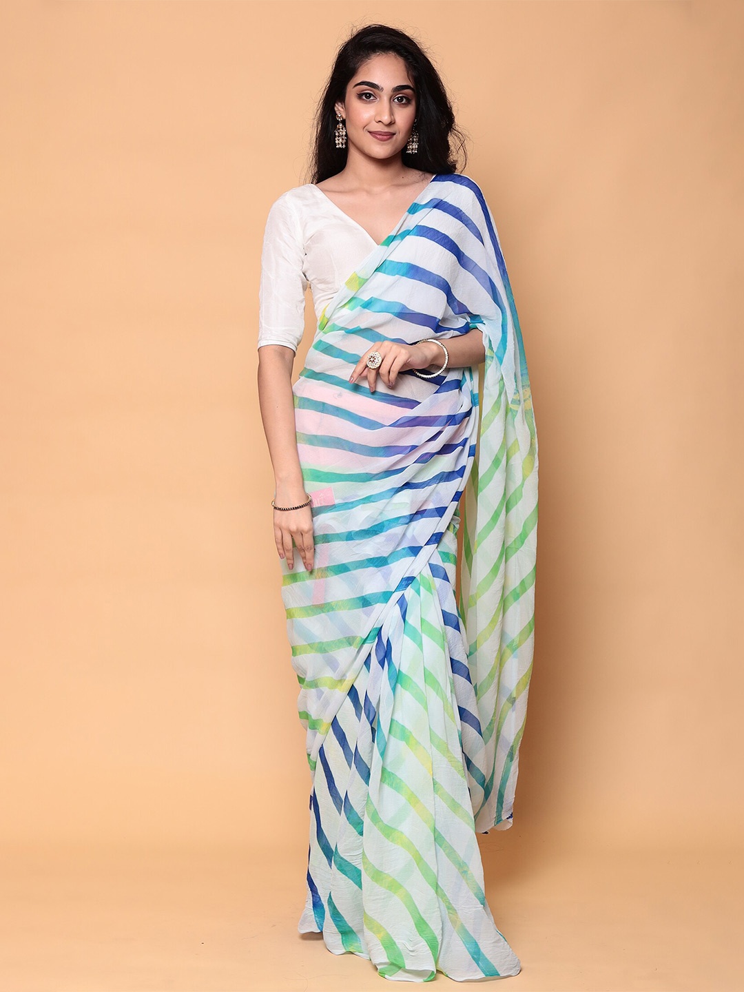 

ZARI Jaipur Leheriya Printed Pure Chiffon Saree, Green
