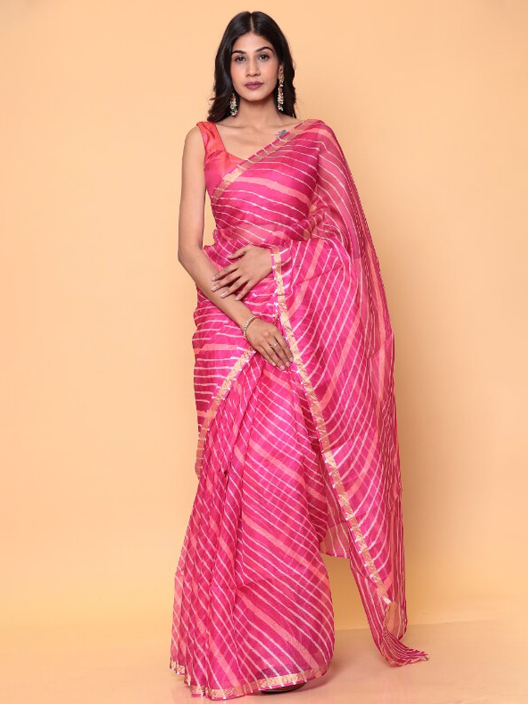 

ZARI Leheriya Pure Silk Zari Kota Saree, Pink