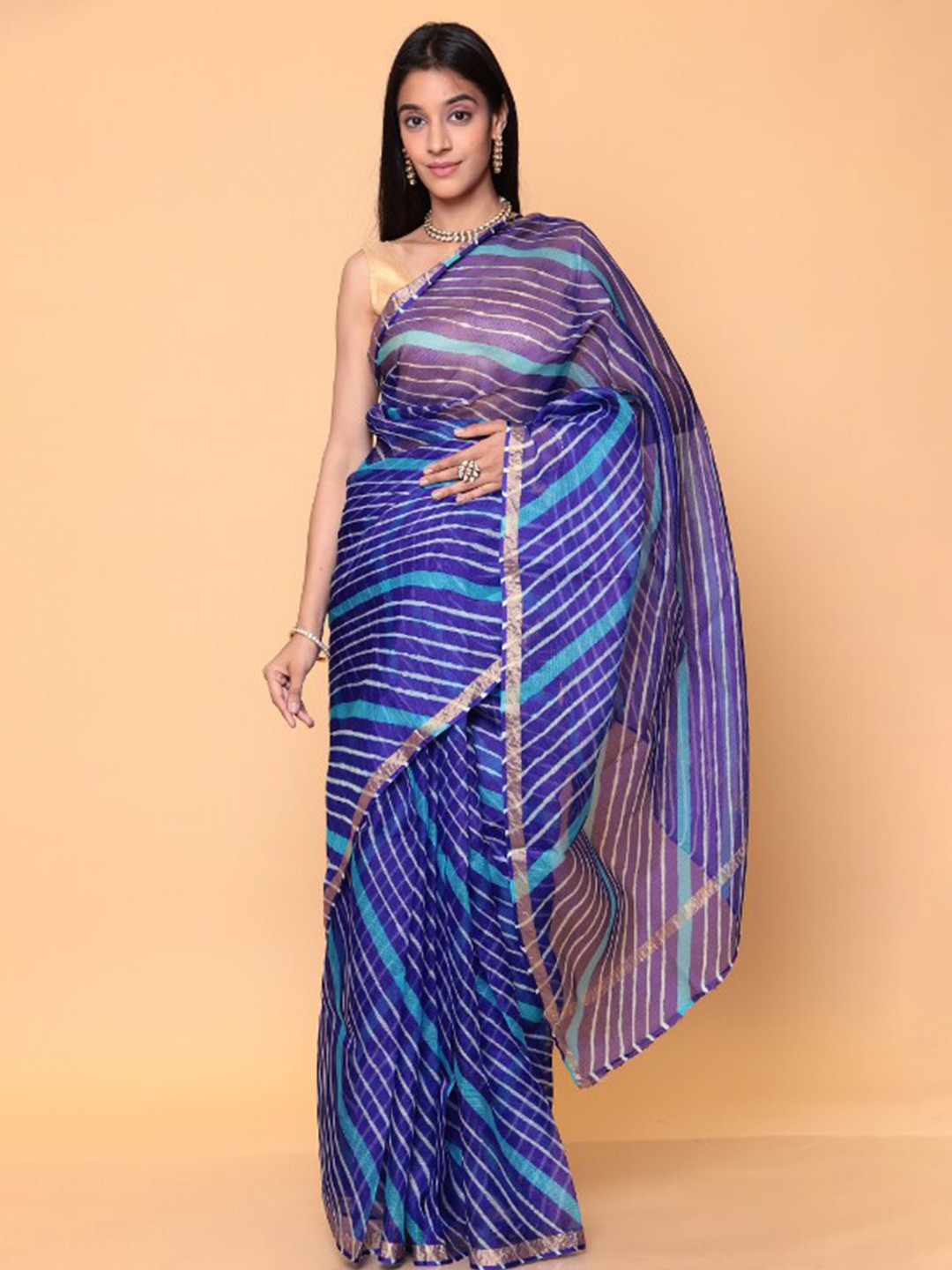 

ZARI Striped Pure Silk Kota Saree, Blue