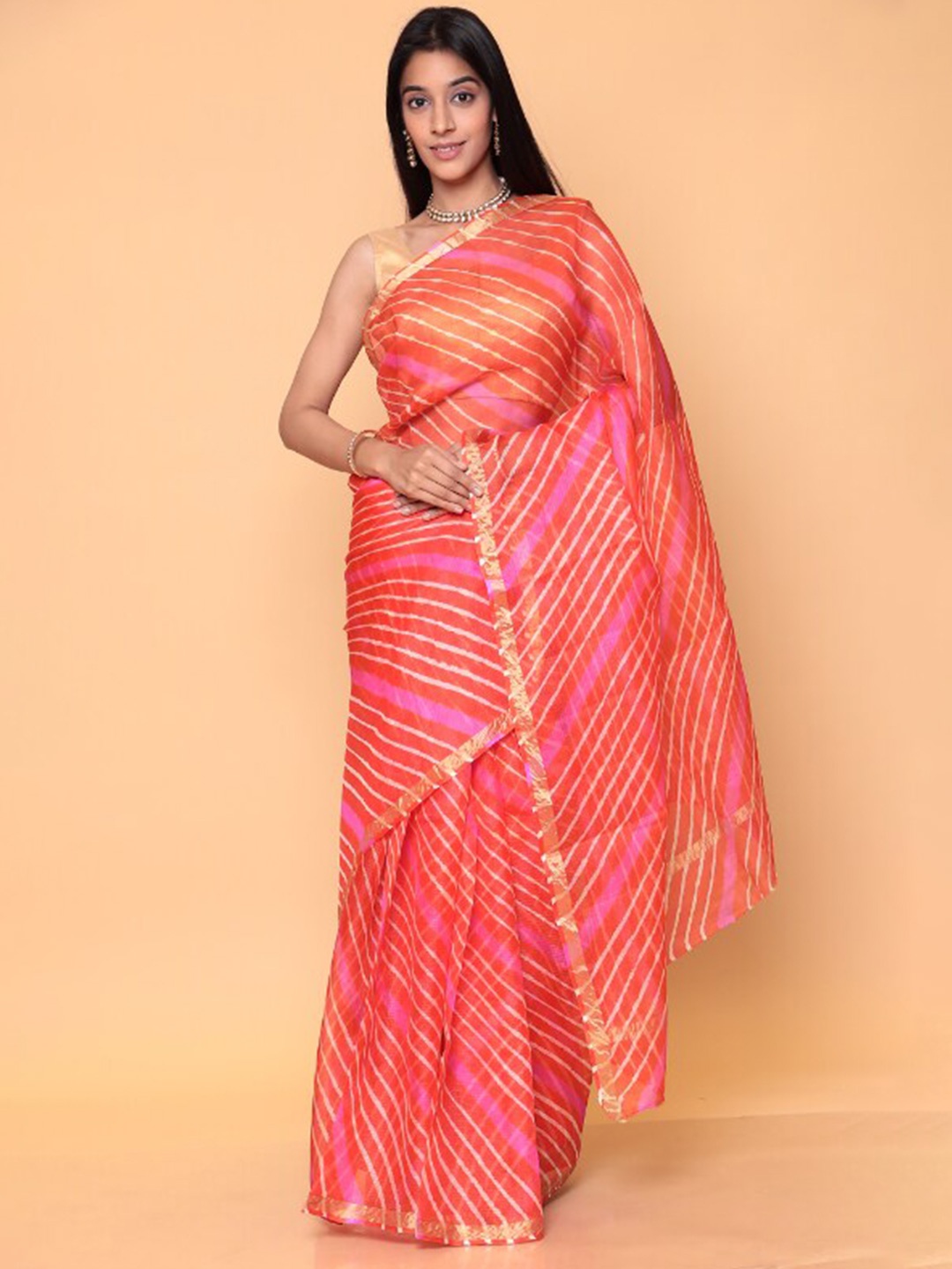 

ZARI Leheriya Printed Zari Deail Pure Cotton Kota Saree, Orange