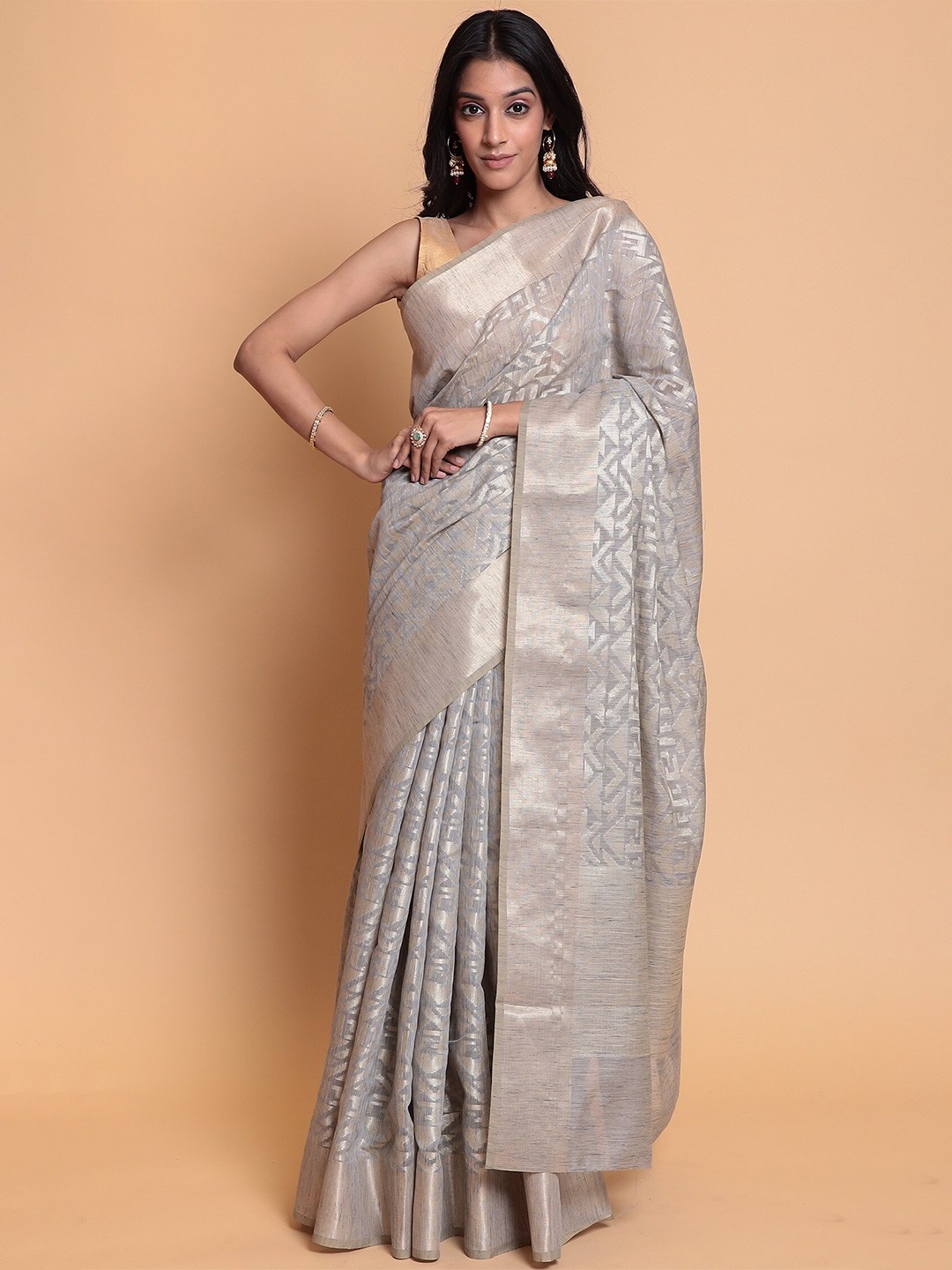 

ZARI Geometric Woven Design Pure Cotton Banarasi Saree, Grey