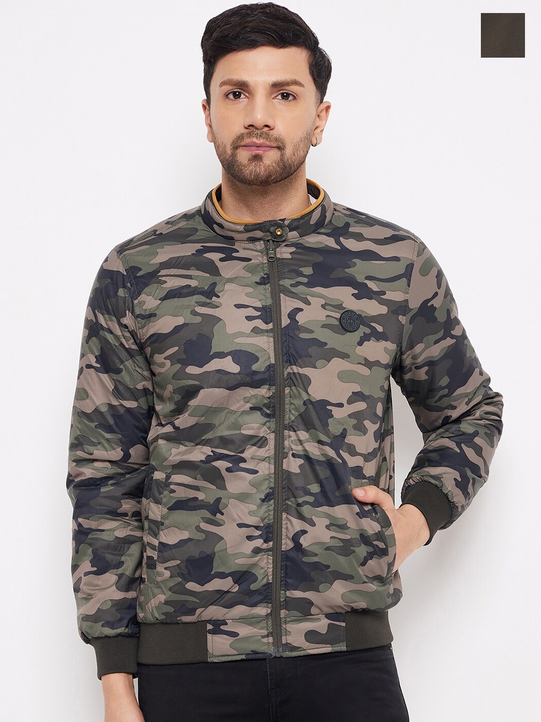 

Okane Stand Collar Camouflage Printed Reversible Bomber Jacket, Tan