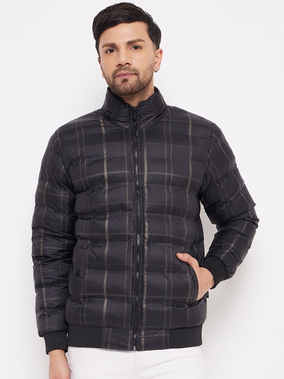 

Okane Checked Mock Collar Lightweight Bomber Jacket, Black