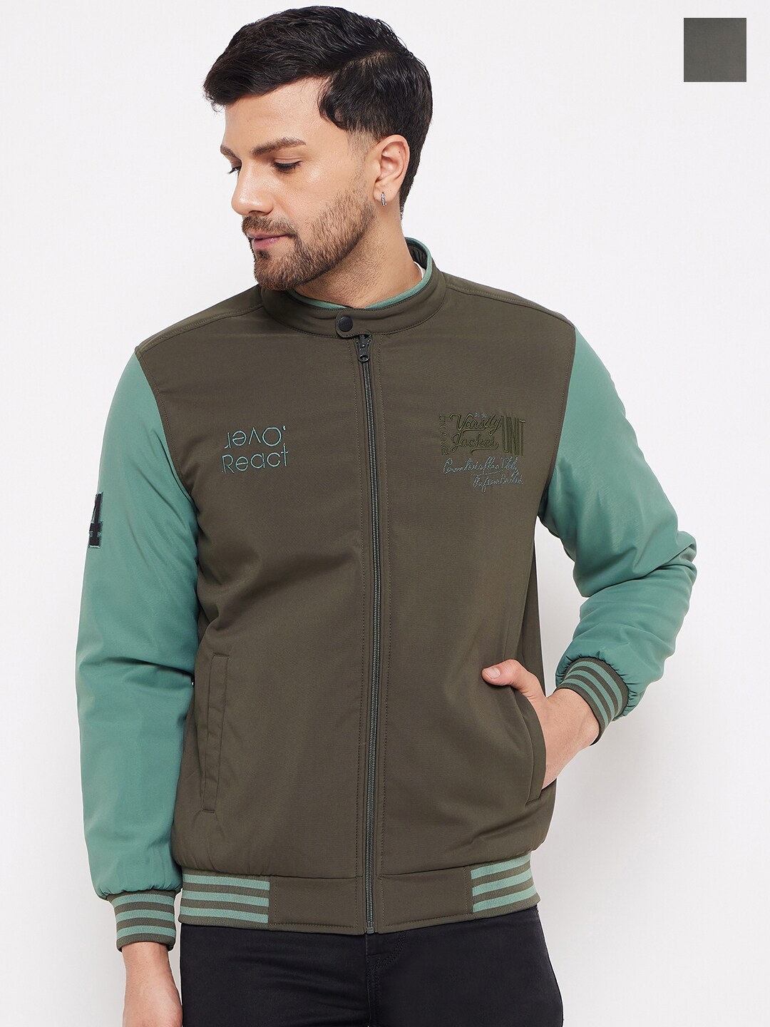 

Okane Mandarin Collar Reversible Bomber Jacket, Green