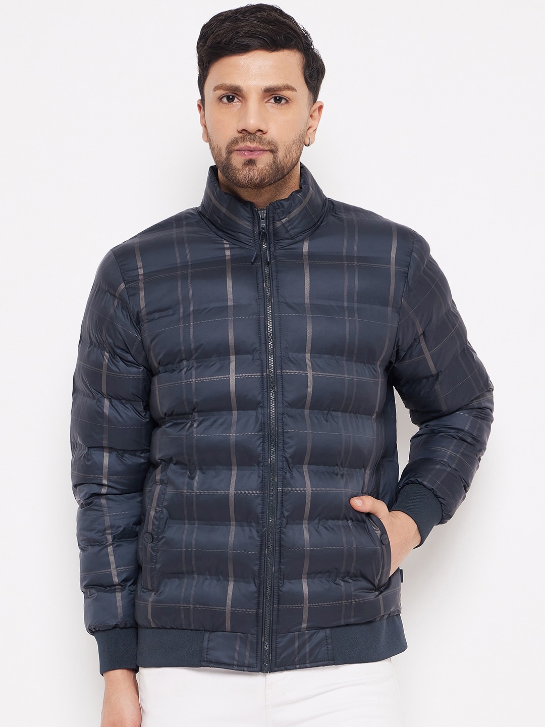 

Okane Checked Mock Collar Lightweight Padded Jacket, Navy blue