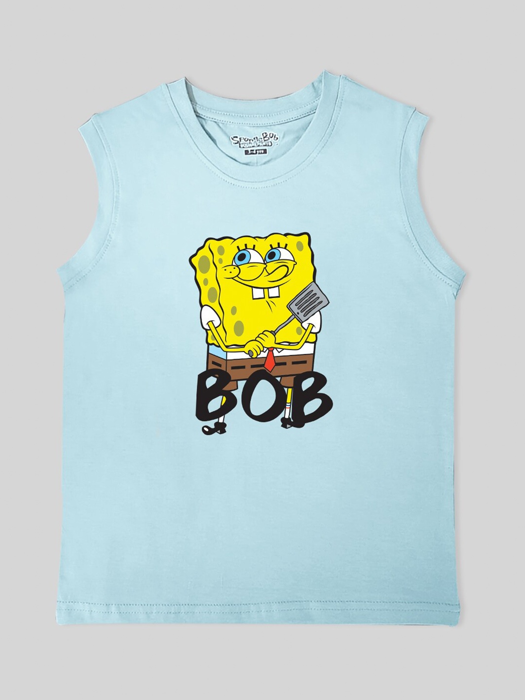

Minute Mirth Boys Spongebob Printed Round Neck Sleeveless Pure Cotton Regular T-shirt, Blue