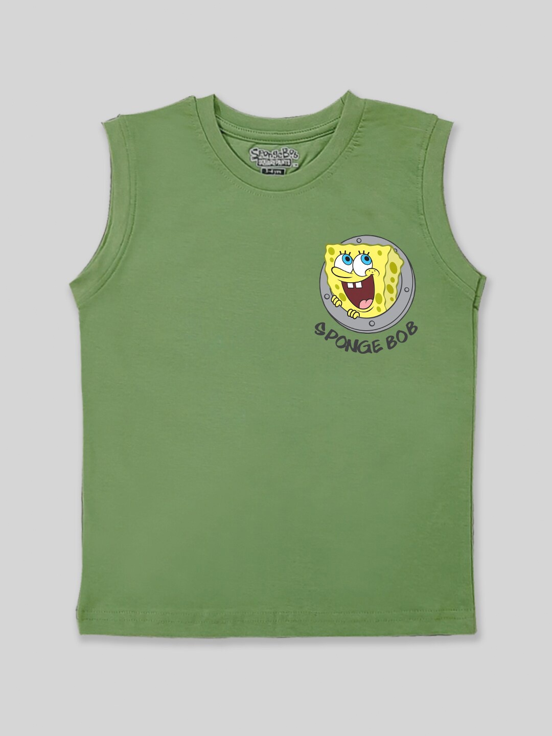 

Minute Mirth Boys Spongebob Printed Pure Cotton T-shirt, Olive