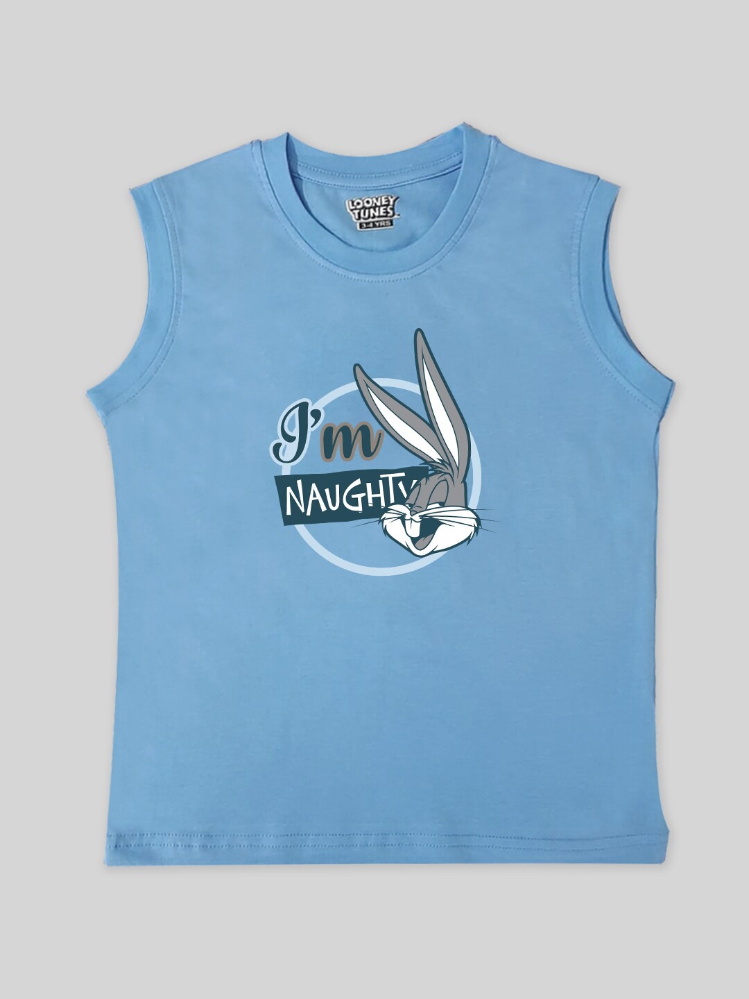 

Minute Mirth Boys Bugs Bunny Printed Sleeveless Pure Cotton T-shirt, Blue