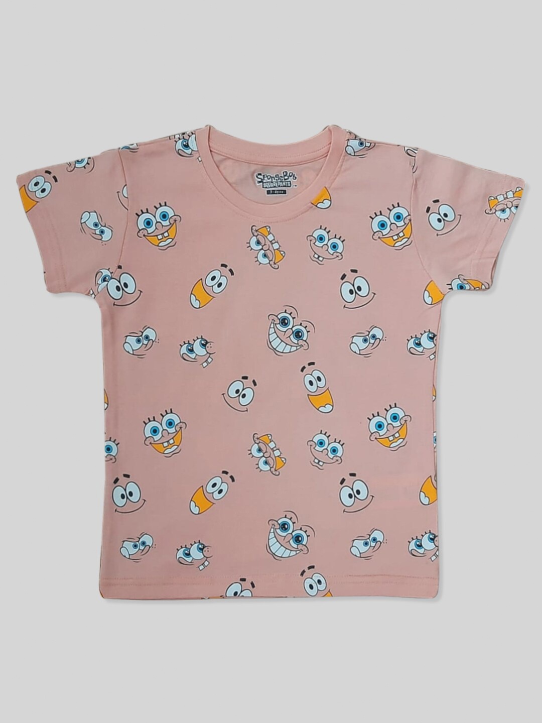 

Minute Mirth Boys Conversational Sponge Bob Printed Pure Cotton T-shirt, Peach