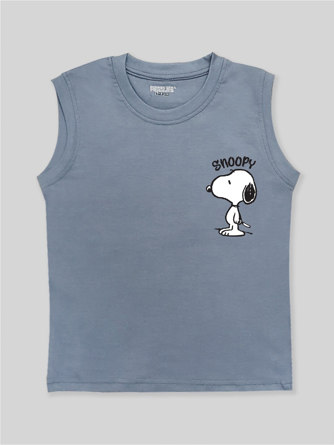 

Minute Mirth Boys Snoopy Printed Sleeveless Pure Cotton T-shirt, Grey