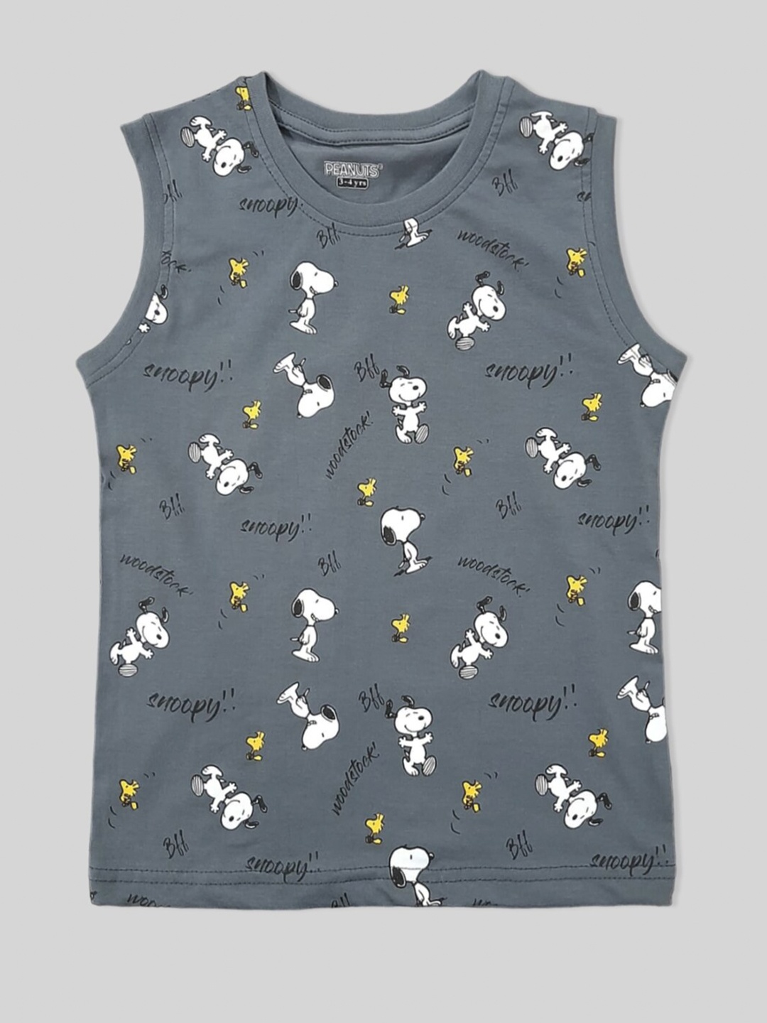 

Minute Mirth Boys Snoopy Printed Sleeveless Pure Cotton T-shirt, Grey