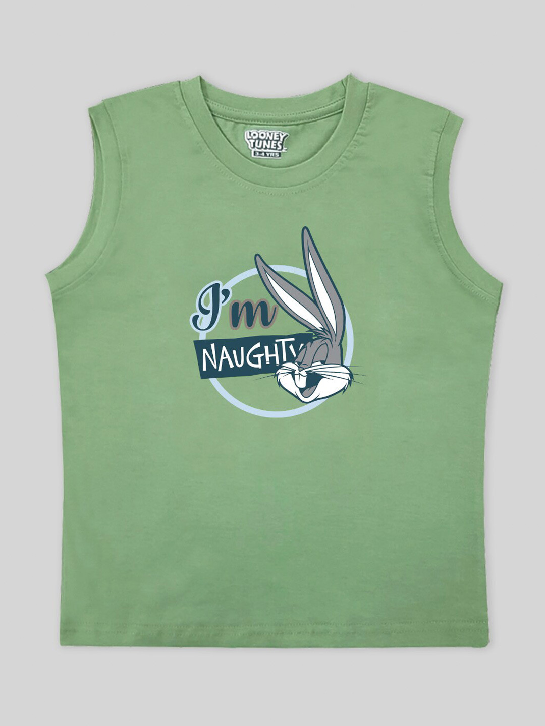 

Minute Mirth Boys Looney Tunes Printed Sleeveless Pure Cotton T-shirt, Olive