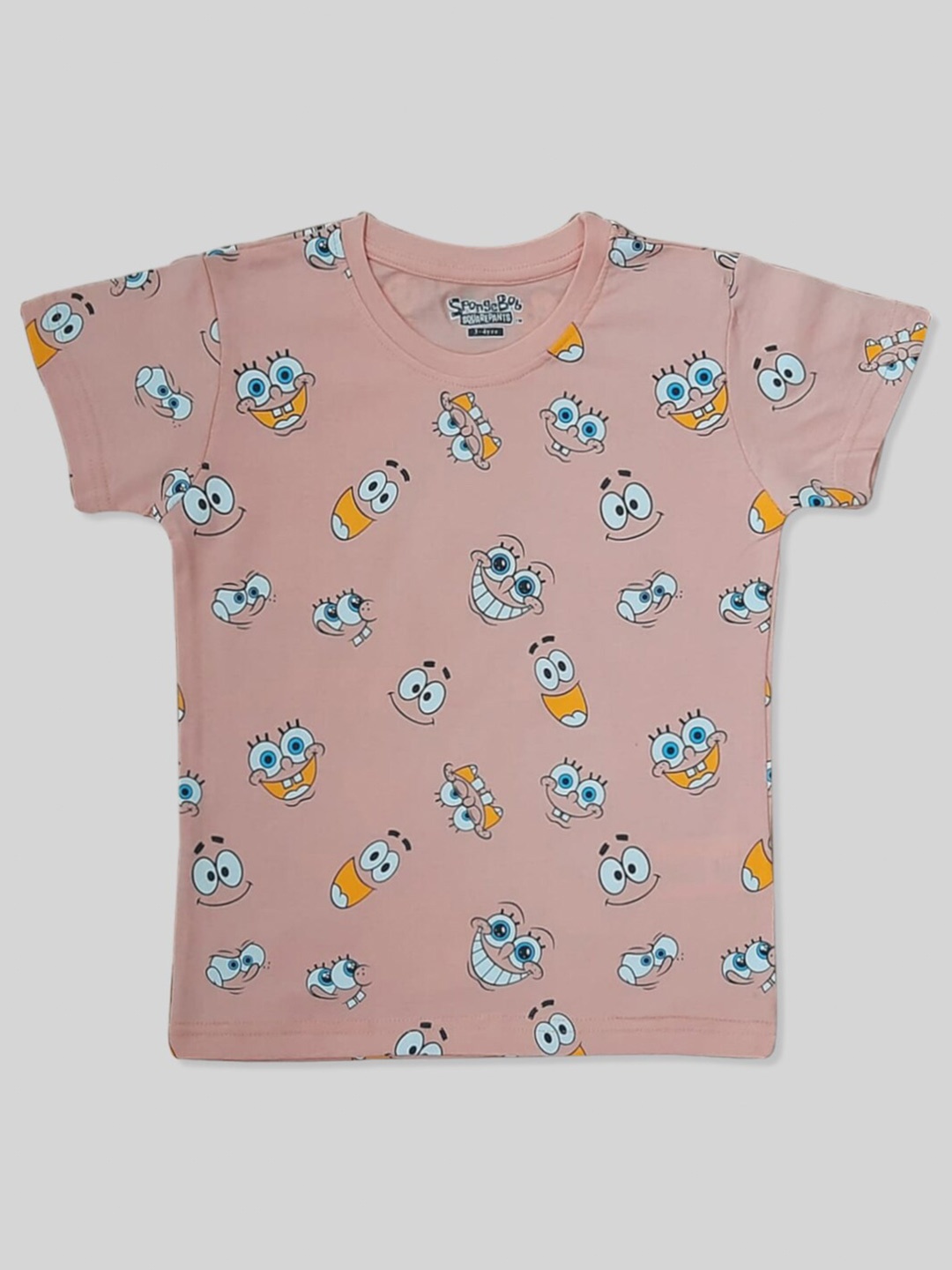 

Minute Mirth Boys Conversational Sponge Bob Printed Pure Cotton T-shirt, Peach