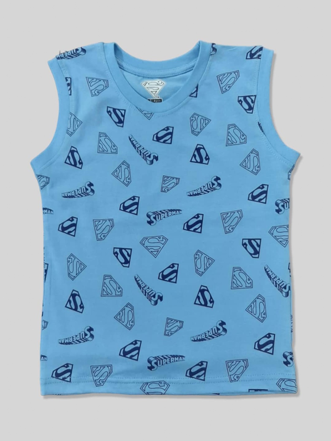 

Minute Mirth Boys Superman Printed Round Neck Sleeveless Pure Cotton Regular T-shirt, Blue