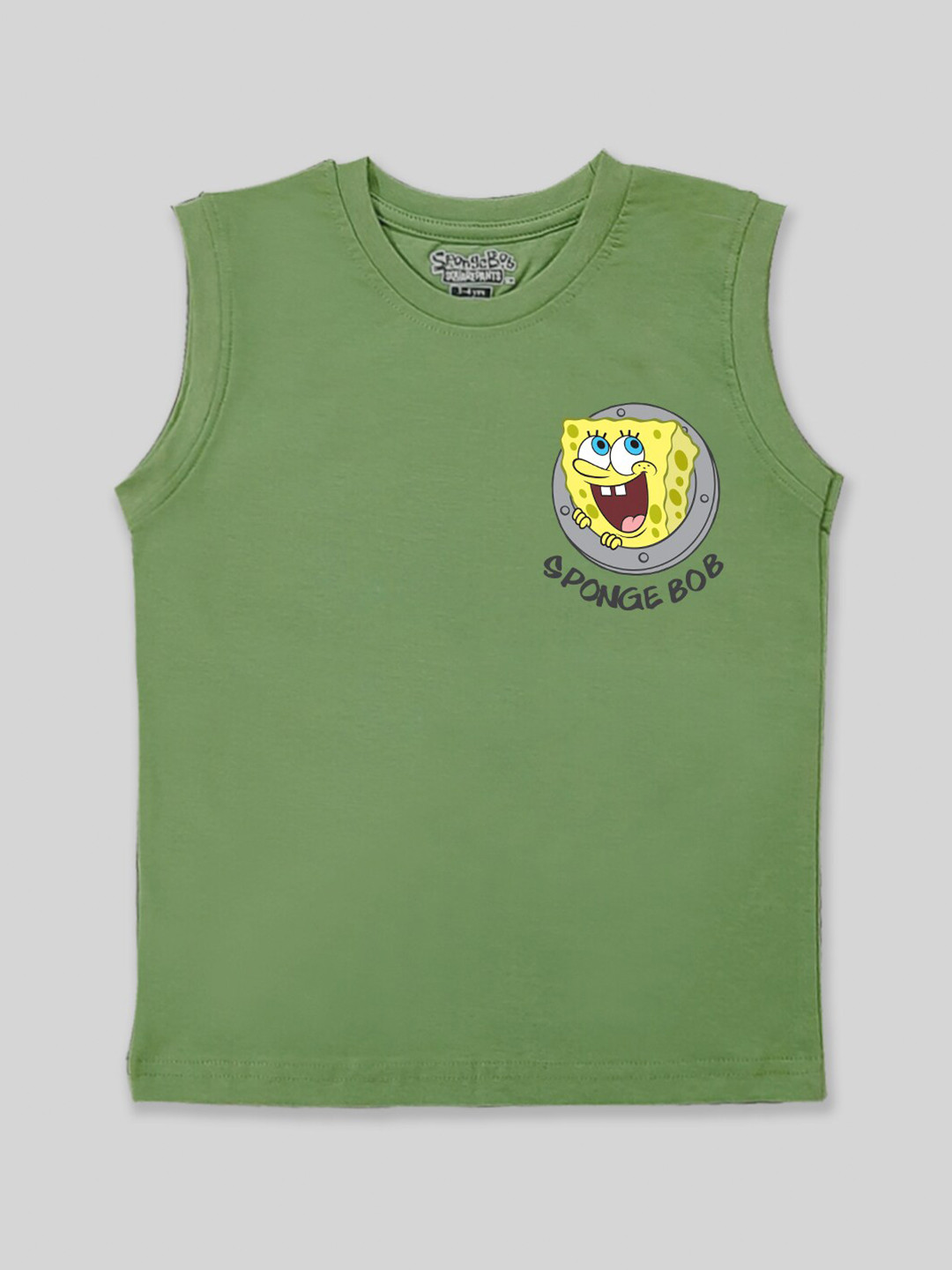 

Minute Mirth Boys Sponge Bob Printed Sleeveless Pure Cotton T-shirt, Green