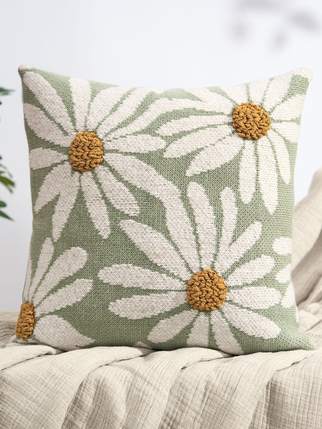 

haus & kinder Green & White Floral Printed Square Cotton Cushion Cover