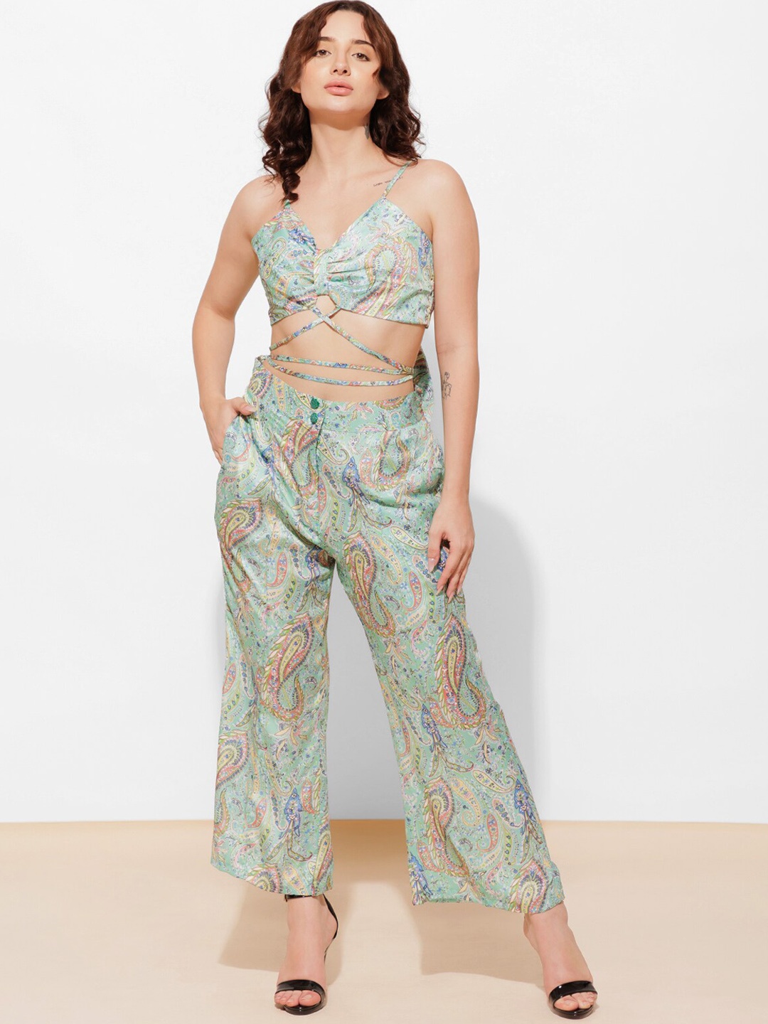 

Urban Sundari Paisley Printed Crop Top With High Waist Trouser, Green