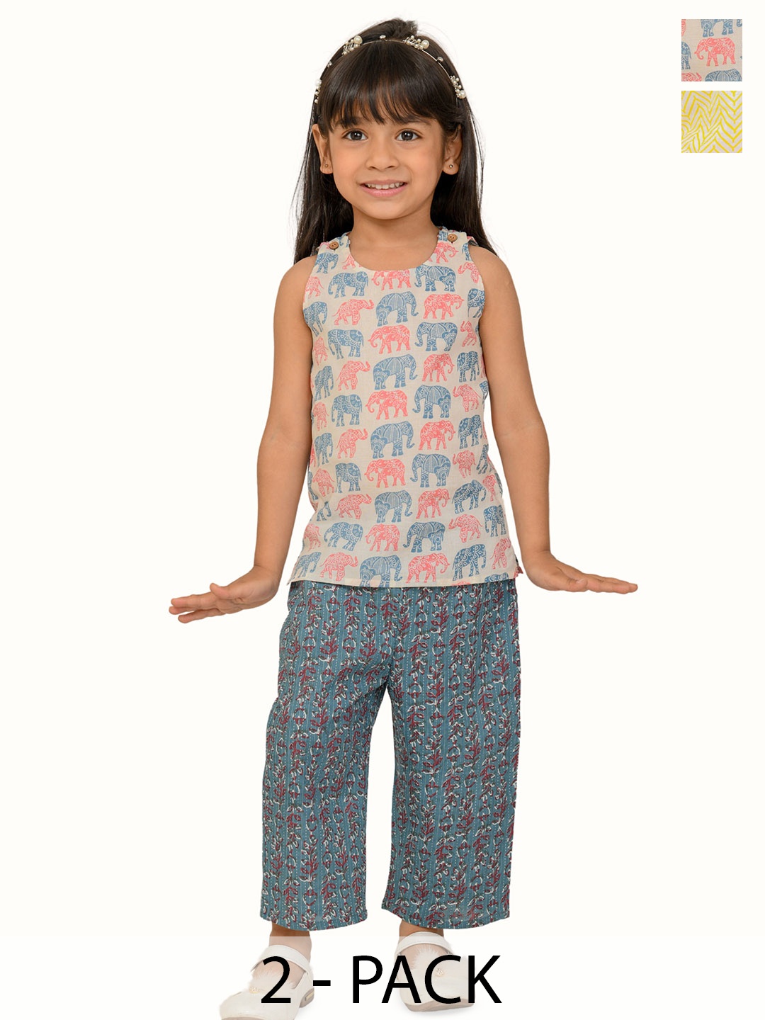 

Tiny Bunnies Girls Pack Of 2 Printed Pure Cotton Top With Trousers, Blue