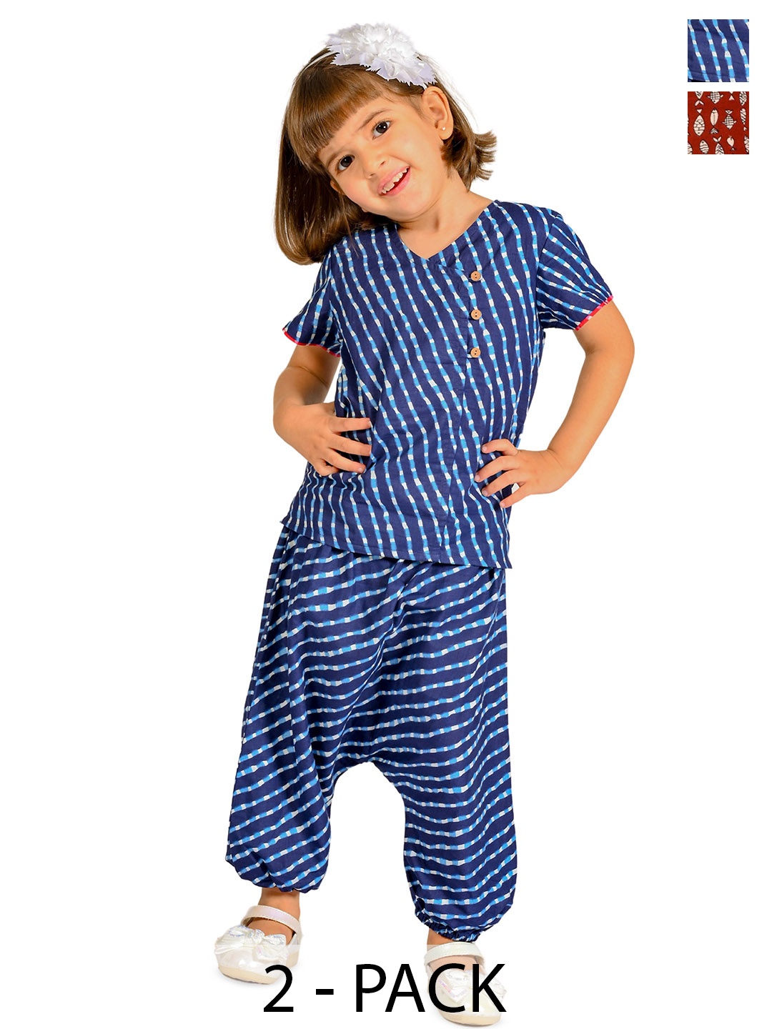 

Tiny Bunnies Girls Pack Of 2 Printed Pure Cotton Top With Trousers, Blue