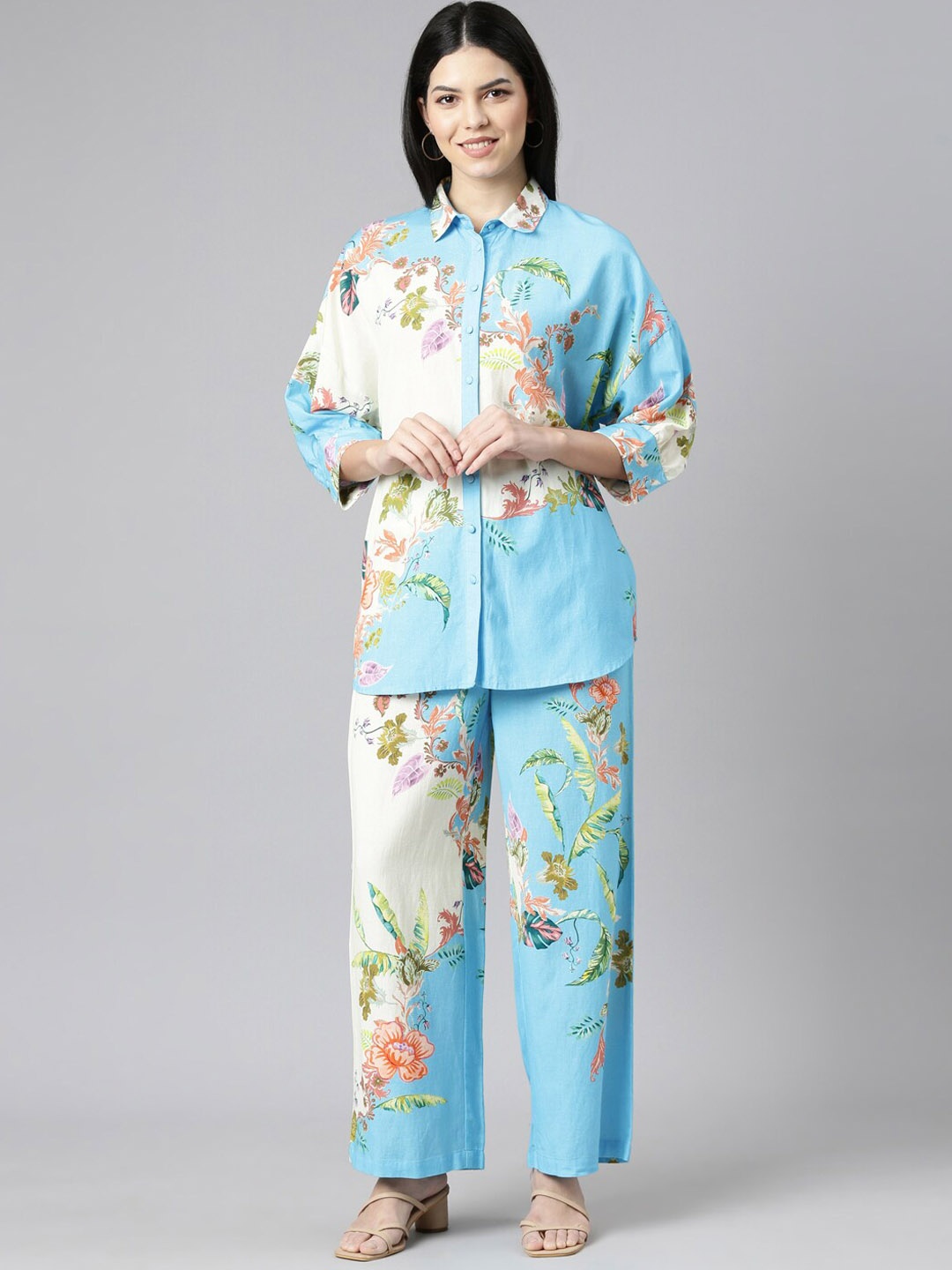 

Zolo Label Floral Printed Pure Cotton Shirt With Trouser, Blue