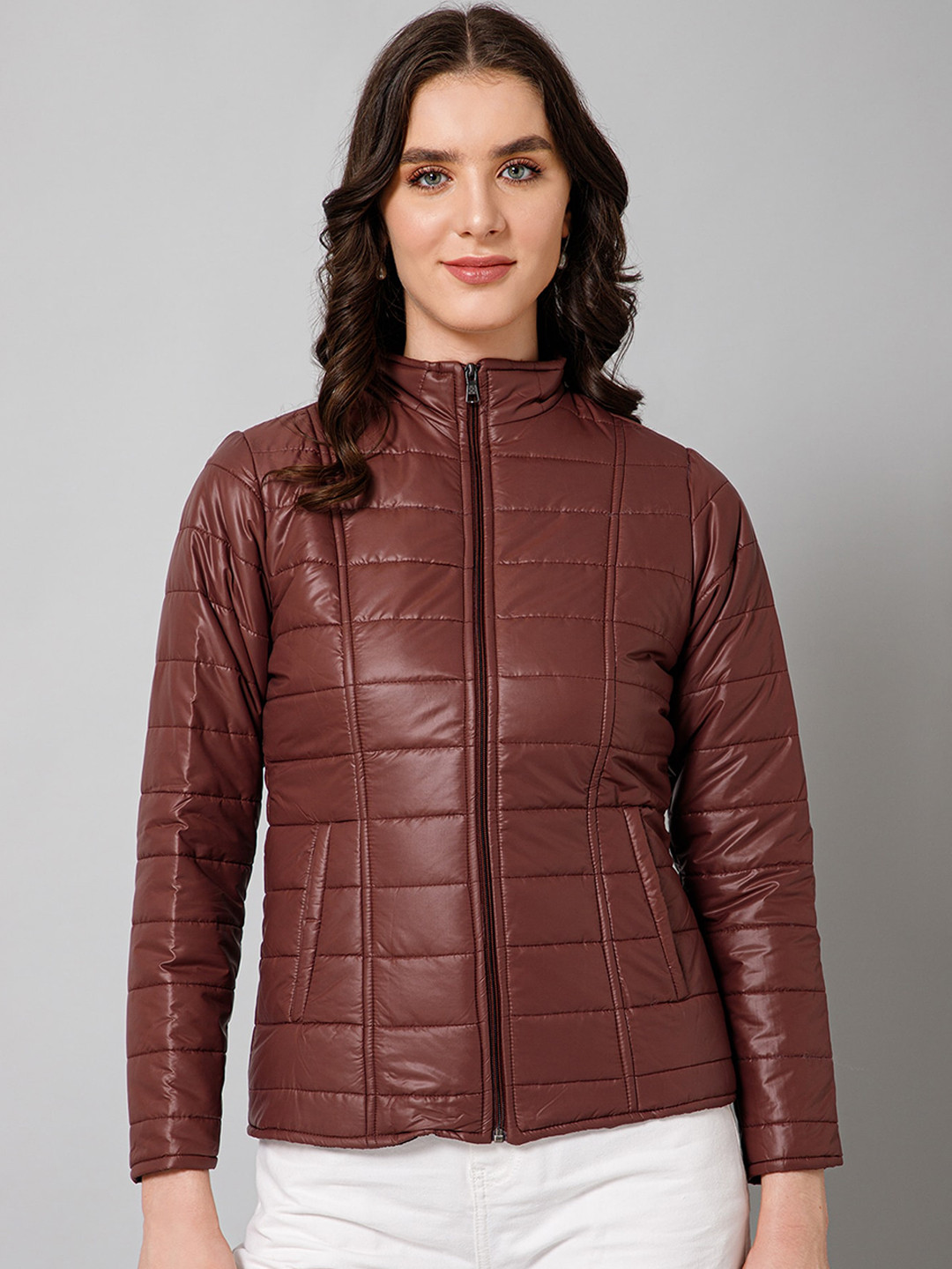 

PURYS Stand Collar Quilted Jacket, Brown