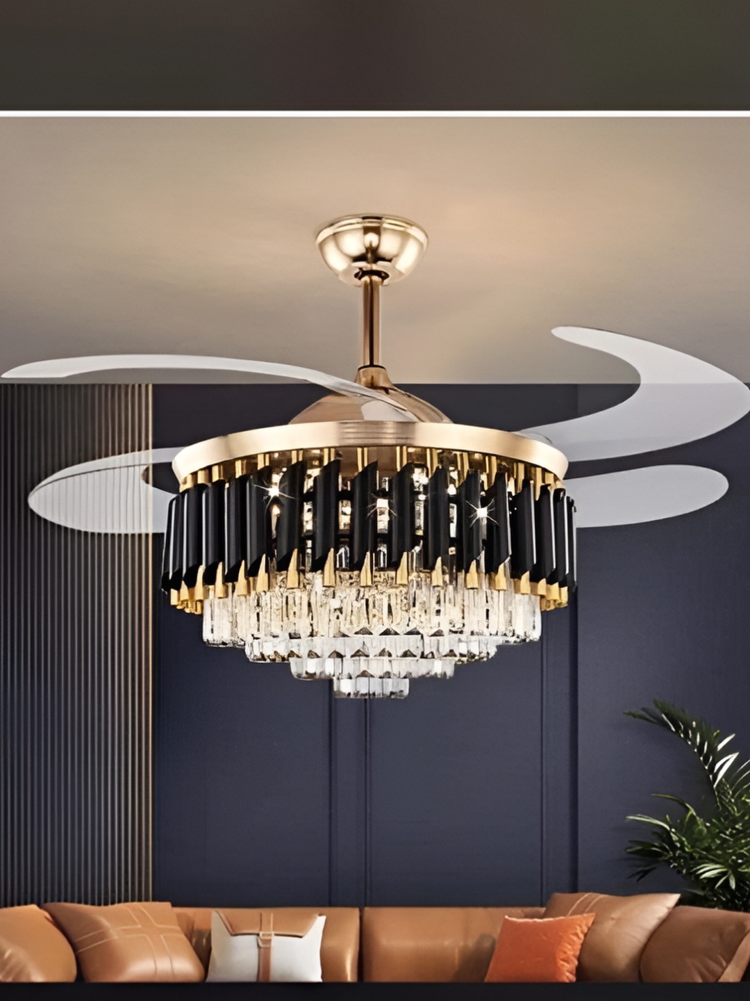 

blissbells Black & Gold Toned Chandelier Fan Crystal Ceiling Lamp