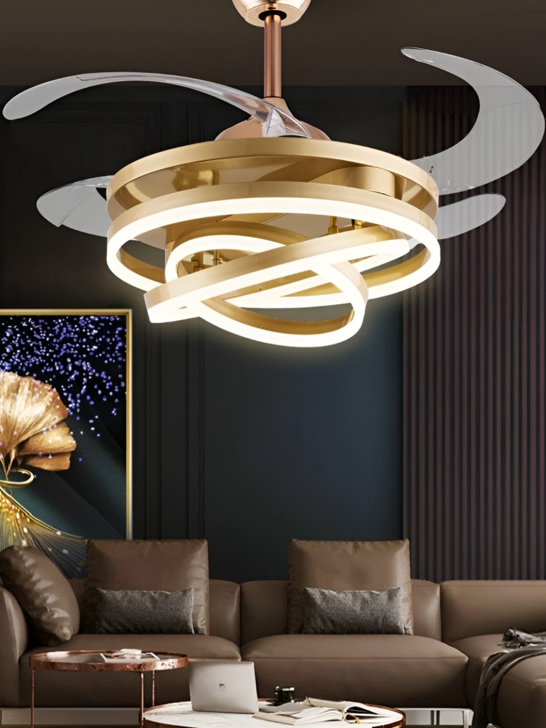 

blissbells Gold-Toned Retractable Fan Crystal Chandelier Ceiling Lamp