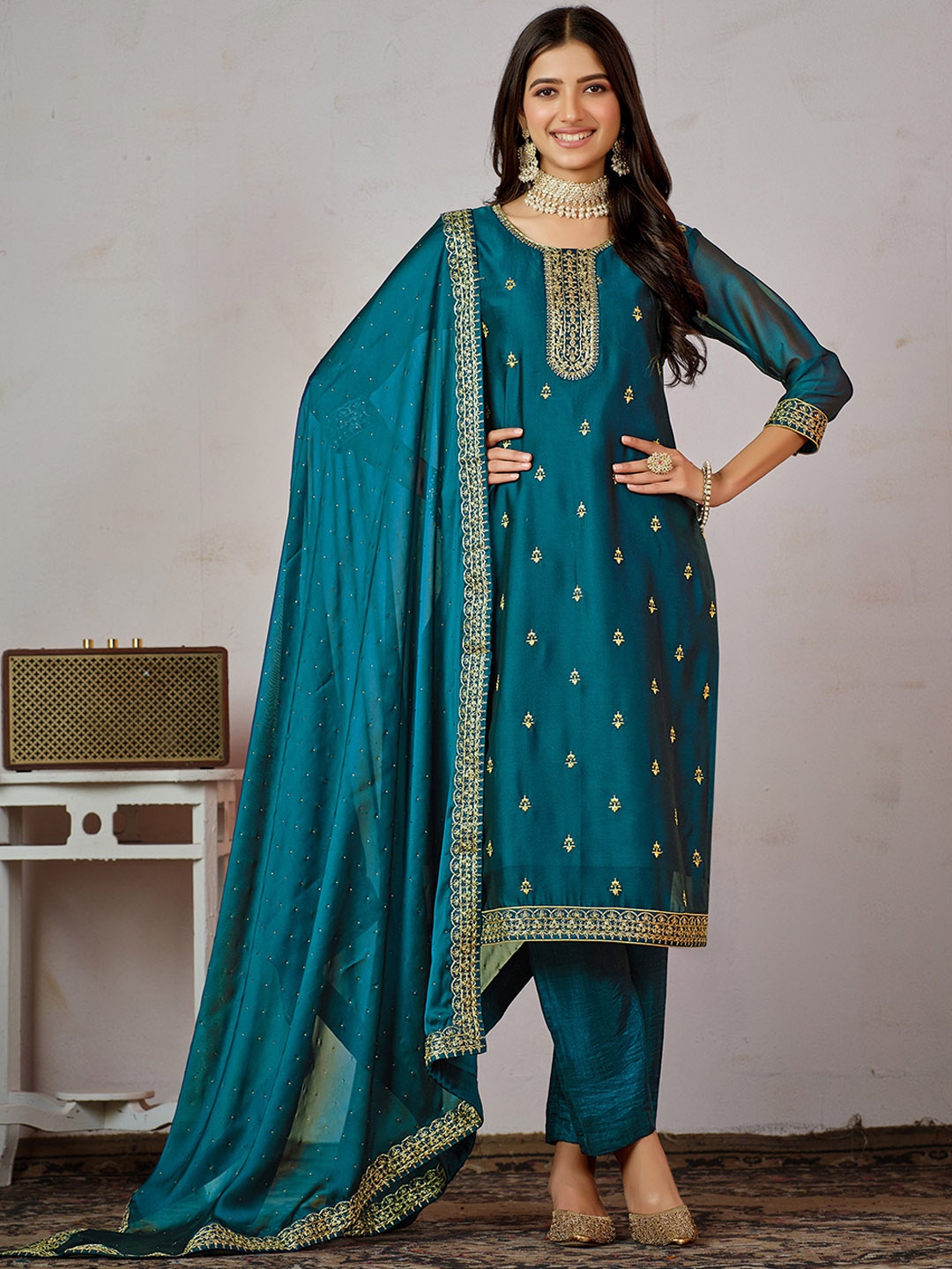 

Sangria Teal Blue Floral Embroidered Zari Art Silk Kurta With Trouser & Dupatta