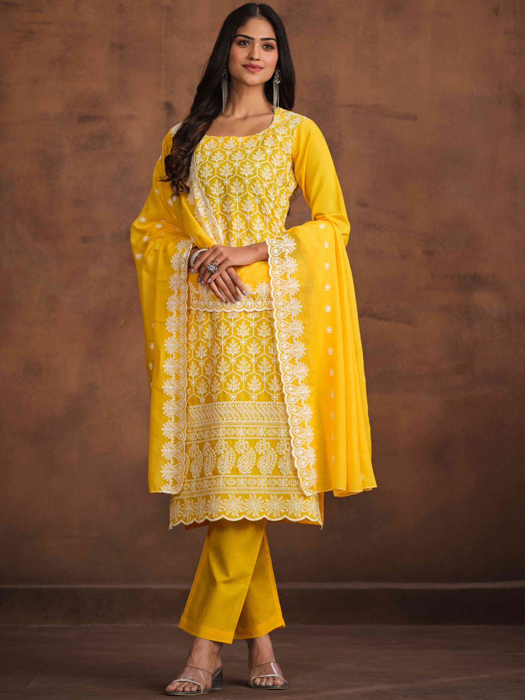 

Sangria Ethnic Motifs Embroidered Pure Cotton Kurta & Trouser With Dupatta, Yellow