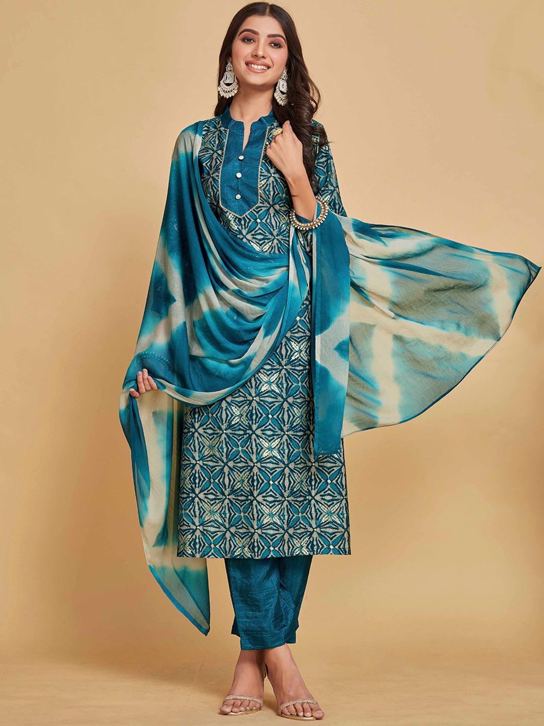 

Sangria Teal Blue Ethnic Motifs Printed Gotta Patti Kurta With Trouser & Dupatta