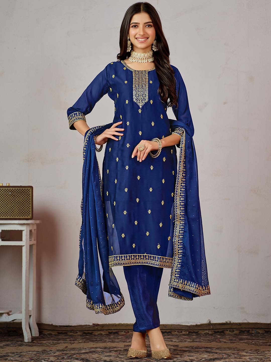 

Sangria Blue Ethnic Motifs Embroidered Zari Art Silk Kurta With Trouser & Dupatta
