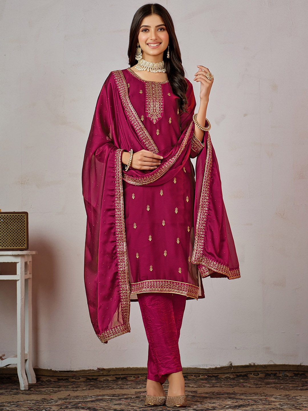 

Sangria Pink Floral Embroidered Zari Art Silk Kurta With Trouser & Dupatta