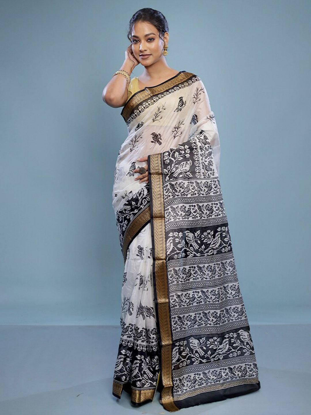 

AllSilks Floral Printed Zari Detailed Pure Silk Saree, Cream