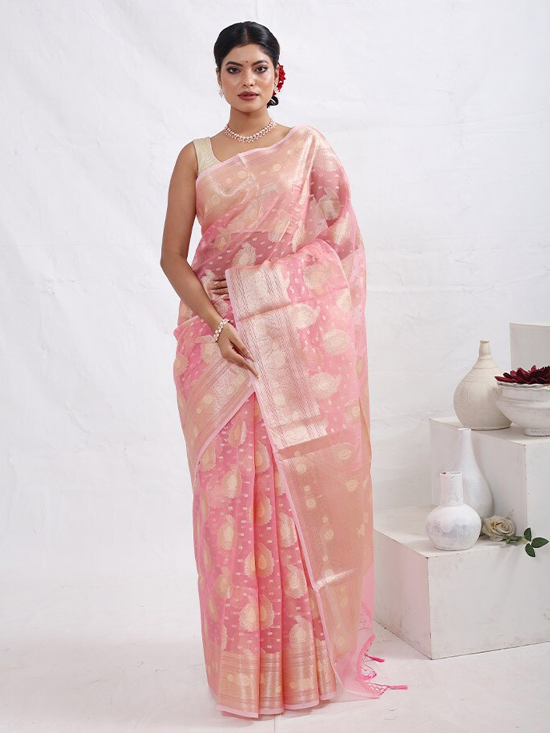 

AllSilks Ethnic Motifs Woven Design Organza Saree, Pink