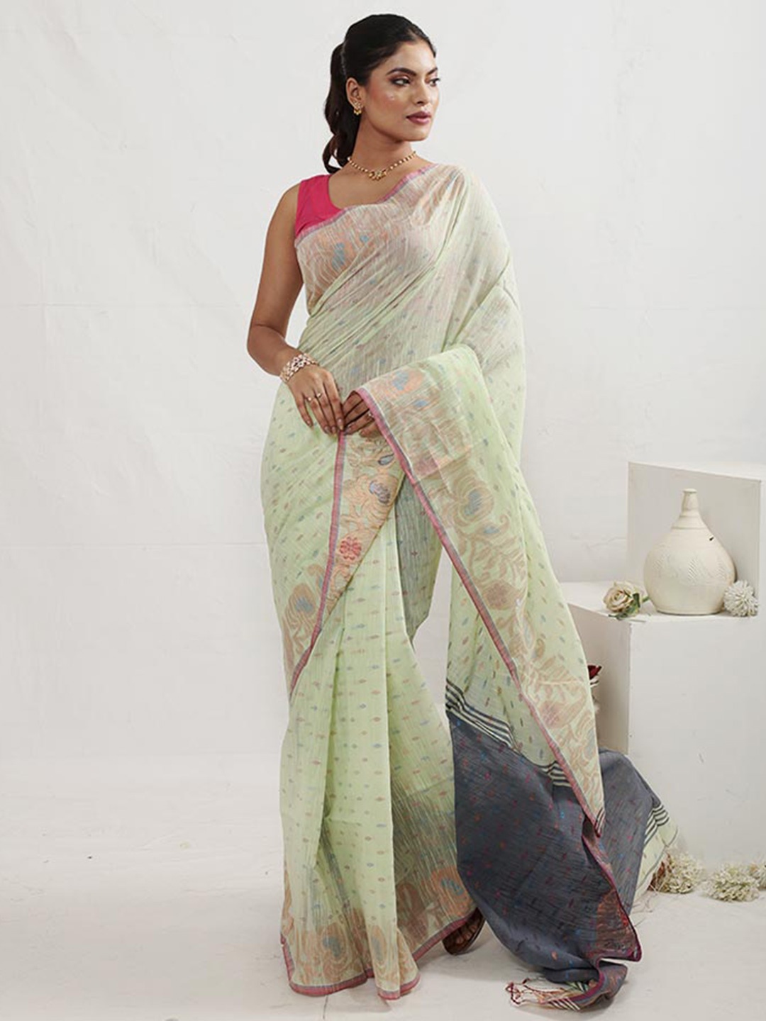 

AllSilks Ethic Motifs Woven Designed Silk Cotton Saree, Green