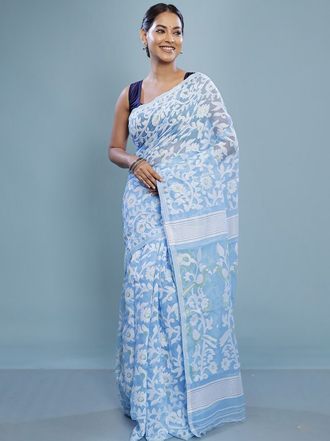 

AllSilks Ethnic Motifs Woven Design Pure Cotton Jamdani Saree, Blue