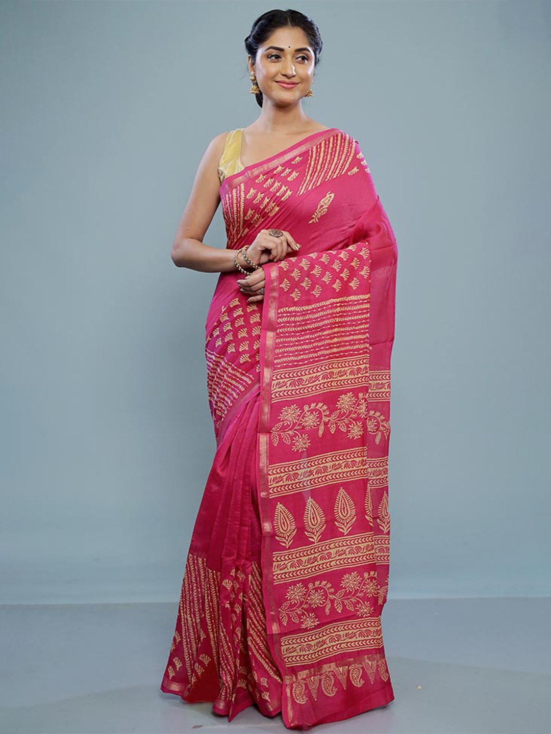 

AllSilks Floral Printed Silk Cotton Chanderi Saree, Pink