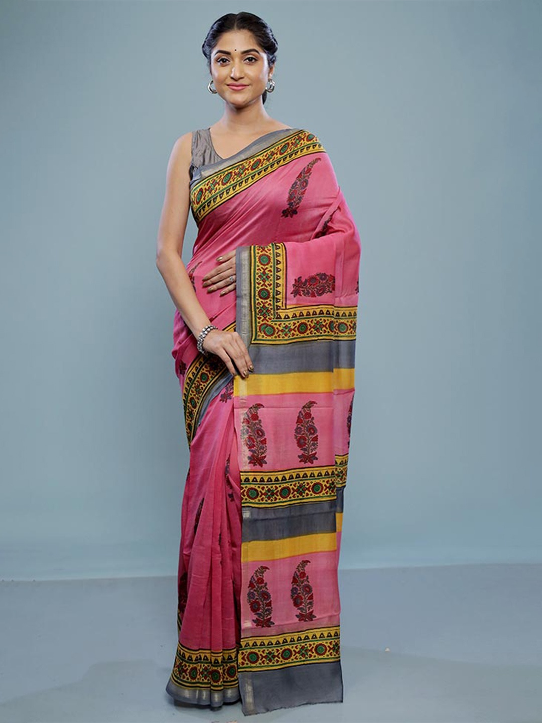 

AllSilks Ethnic Motifs Printed Zari Silk Cotton Chanderi Saree, Pink