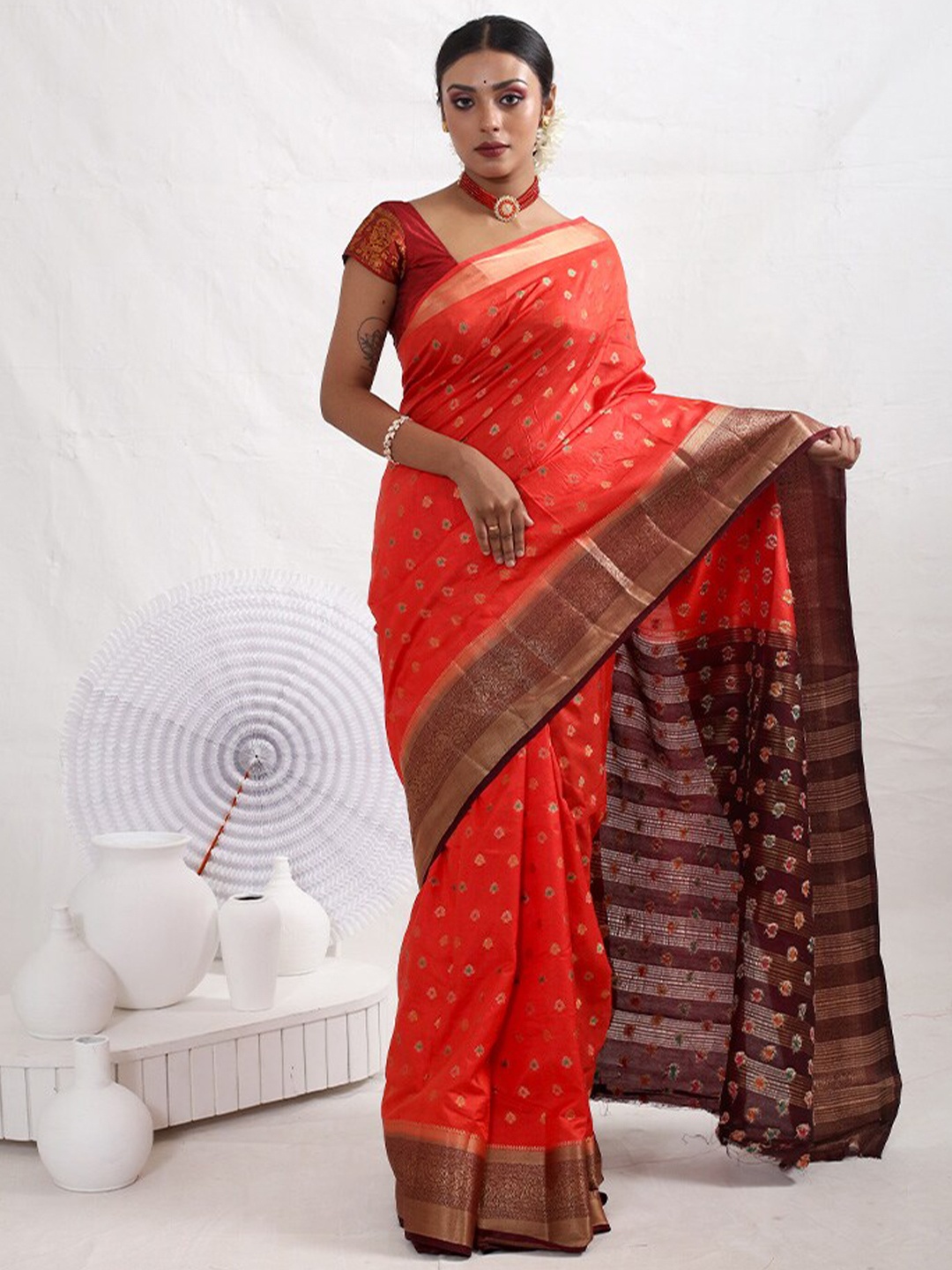 

AllSilks Ethnic Motifs Woven Designed Zari Silk Blend Saree, Red