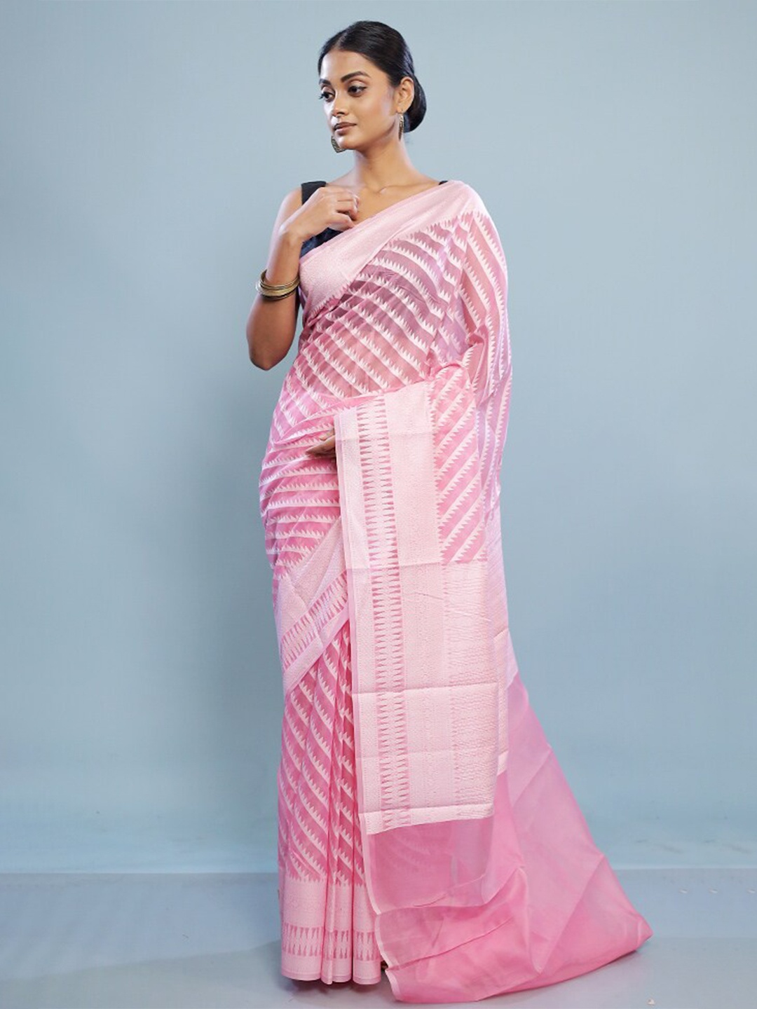 

AllSilks Striped Woven Design Pure Cotton Saree, Pink