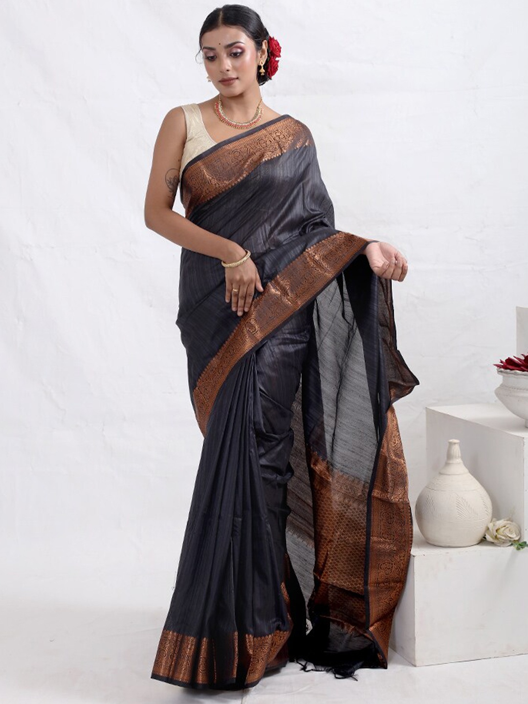 

AllSilks Zari Pure Cotton Saree, Black